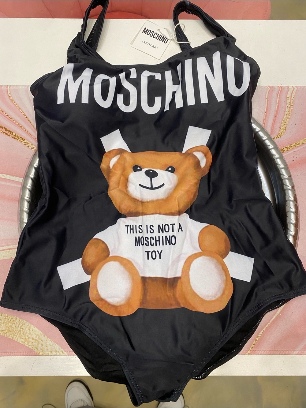 Black One-Piece Swim with Teddy Graphic - Picture 2 of 4